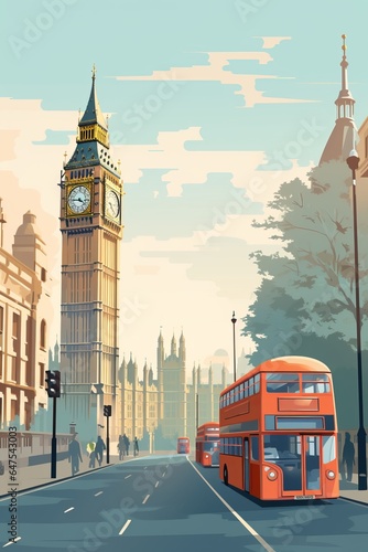 London retro city poster with Big Ben and red bus