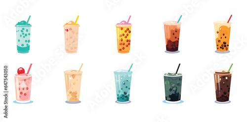 Boba or bubble tea drinks in flat design vector illustration, boba milk tea in plastic cups with straw