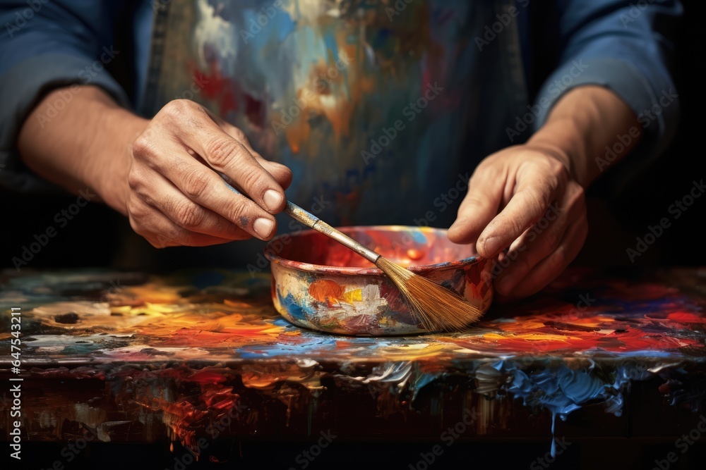 Obraz premium close up Hand Mixing Paints with a Brush for an Abstract Painting