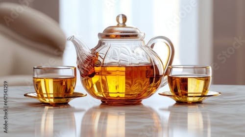 Glass Teapot and Cups on Light Background. AI generated