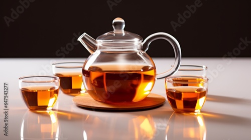 Glass Teapot and Cups on Light Background. AI generated