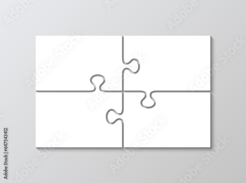Puzzle pieces with 4 elements. Business presentation infographic. Jigsaw outline grid template.. Layout of thinking mosaic game. Laser cut template with separate details. Vector illustration.