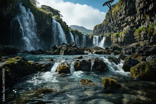 River rapids surrounded by northern forest and mountains at morning 3D render. Beautiful nature landscape, scenic outdoor background, serenity and calmness.