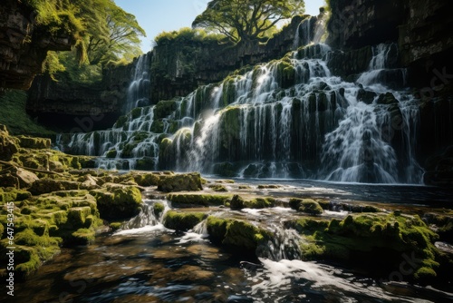 River rapids surrounded by northern forest and mountains at morning 3D render. Beautiful nature landscape  scenic outdoor background  serenity and calmness.