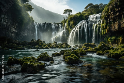 River rapids surrounded by northern forest and mountains at morning 3D render. Beautiful nature landscape  scenic outdoor background  serenity and calmness.