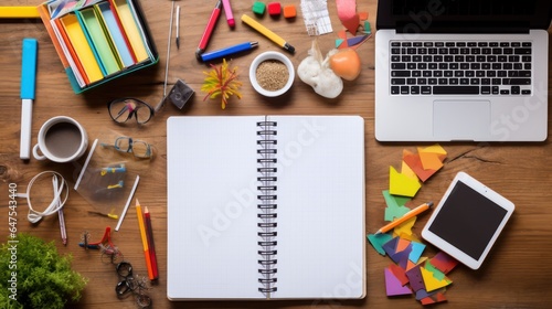 Top view of spiral notebok with pencil on wooden table. Emtry page for text. photo