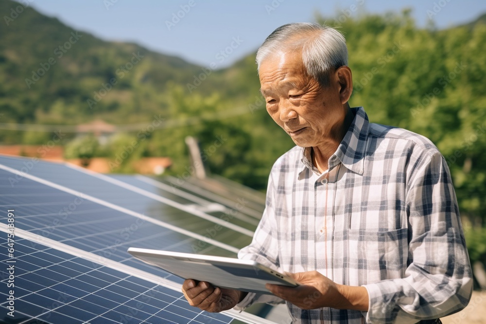 Old man using smartphone in photovoltaic solar power plant Old man using smartphone in photovoltaic solar power plant