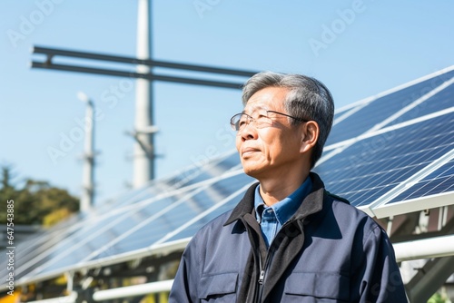 Old man using smartphone in photovoltaic solar power plant