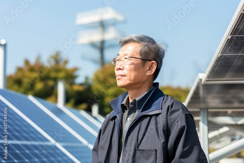 Old man using smartphone in photovoltaic solar power plant © Viewvie