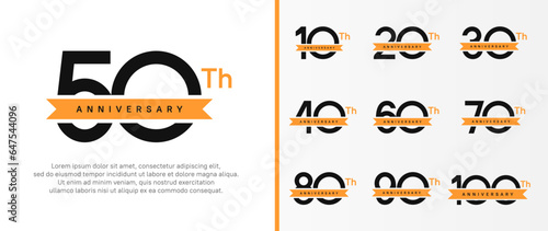 set of anniversary logo black color number and orange ribbon on white background for celebration