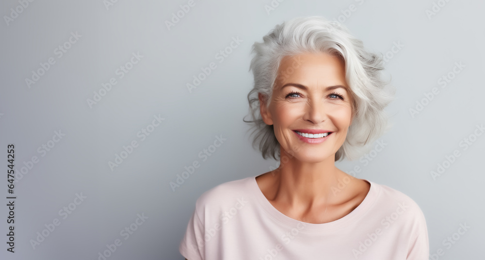 Portrait older woman in 50s or 60s with gray hair and confident smile to camera - theme natural beauty, age - Generative AI