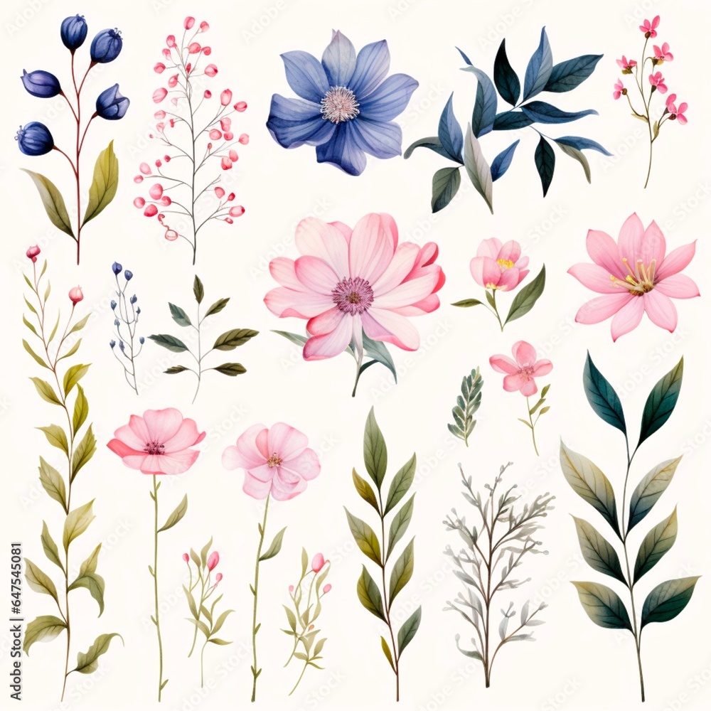 Cute flower elements in watercolor.