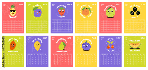 2024 Calendar template with vertical pages design funky characters with slogan. Weeks starts on Sunday. Motivation positive A5 planner on year. Vector illustration