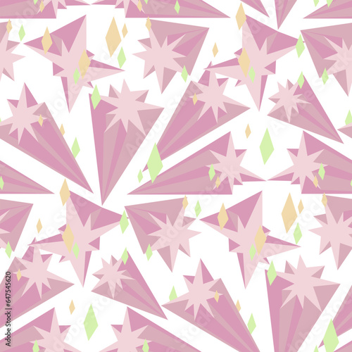 A pattern of pink shooting stars. A magical decoration on a white background. Shades of pink with a colored glow, mother-of-pearl shine. Shine, bling, stars, light, ray. printing on textiles and paper