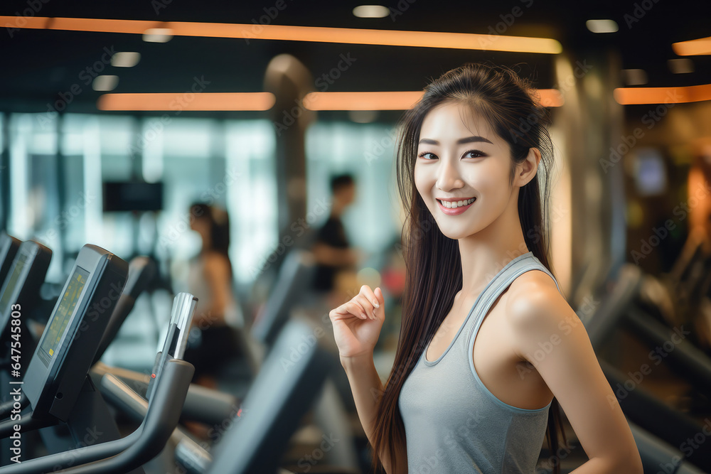 Portrait of happy beautiful woman exercising in fitness gym studio