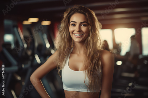 Portrait of happy beautiful woman exercising in fitness gym studio