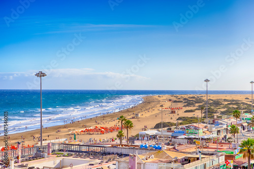 Maspalomas  Spain - November 19  2022  Beach With Restaurants and Stores At Maspalomas of Grand canaria