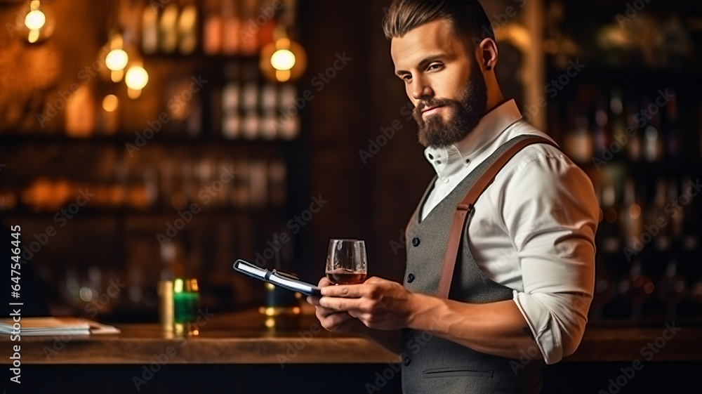 male waiter stands on the background of the restaurant writes down the order in a notebook