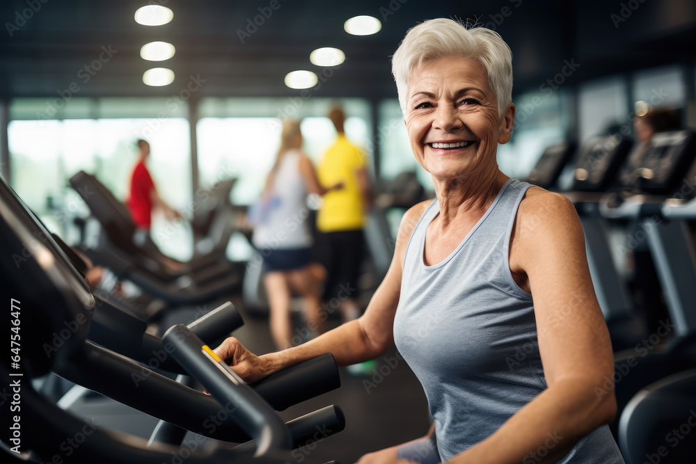 Portrait of happy senior woman exercising in fitness gym studio - obrazy, fototapety, plakaty 