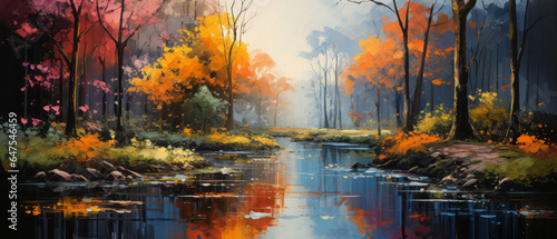Autumn forest with reflection in the river. Digital oil color painting illustration. © Narin