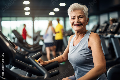 Portrait of happy senior woman exercising in fitness gym studio
