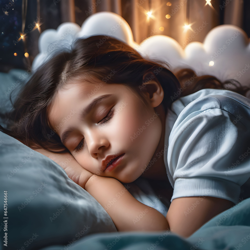 kid sleeping in a bed with a cloud of dreams around her head. AI generative. kid sleeping in a bed with a cloud of dreams around her head. AI generative.