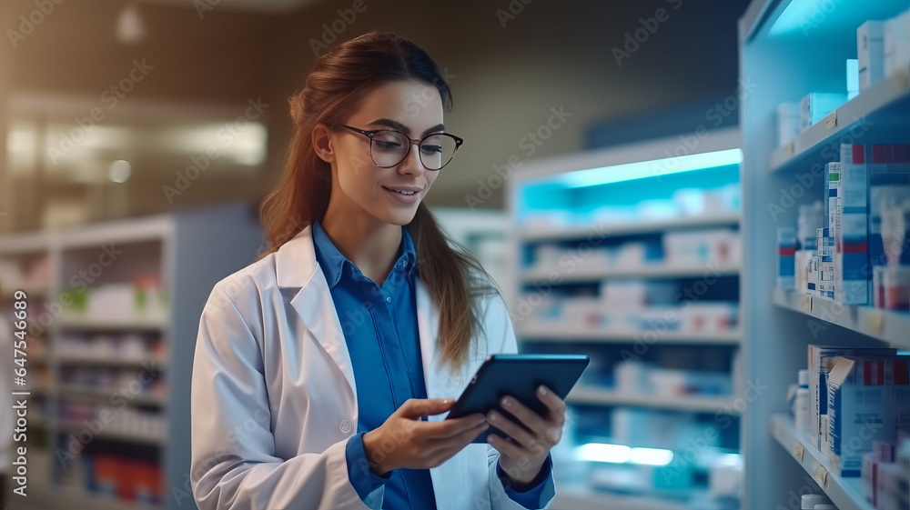 photograph of A beautiful pharmacist uses digital tablet computer. - obrazy, fototapety, plakaty 