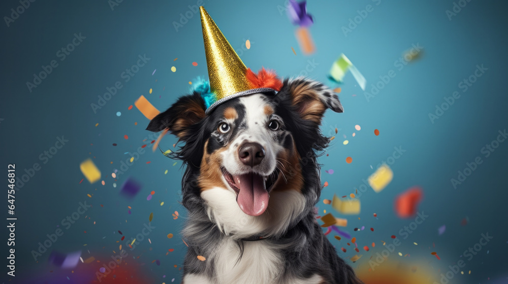 Portrait of a cute dog wearing a party hat for birthday celebration Portrait of a cute dog wearing a party hat for birthday celebration