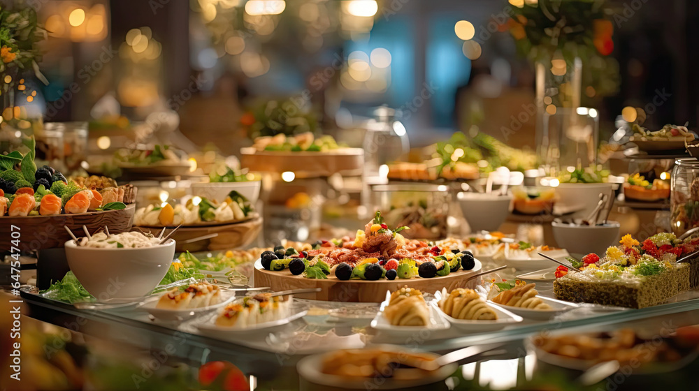 Fototapeta premium Buffet Party, catering wedding buffet food table. Generative Ai