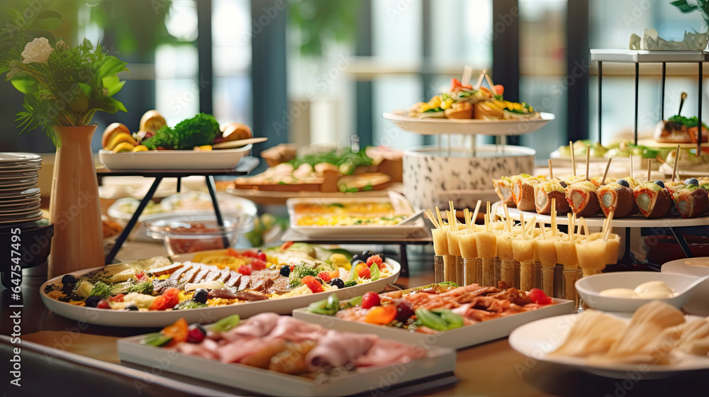 Fototapeta premium Buffet Party, Food Buffet Catering Dining Eating Party Sharing in the Restaurant. Generative Ai