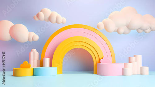 3D rendering podium colourful and childish style, bright colour background, clouds, rainbow, and weather with empty space for kids or baby products. Bright and pastel colors. © idcreative.ddid