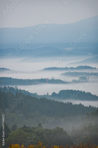 Fototapeta Naklejka Na Ścianę i Meble -  Mgła w górach, krajobraz Jeleniej Góry, w Karkonoszach
