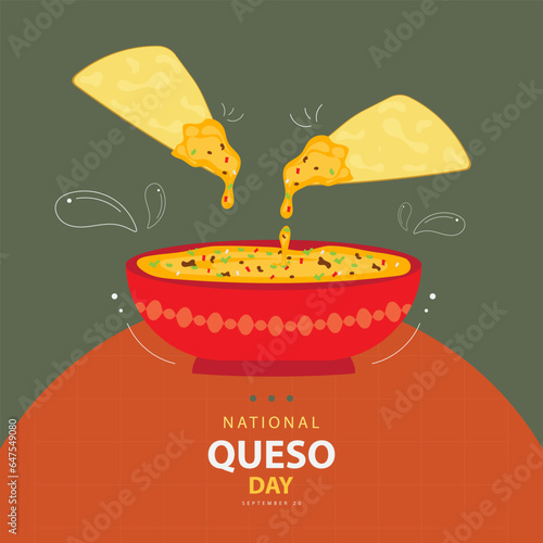 National Queso Day on september 20, with vector illustration a bowl delicious cheese sauce, two chips and text isolated on abstract background for celebrate and commemorate National Queso Day.