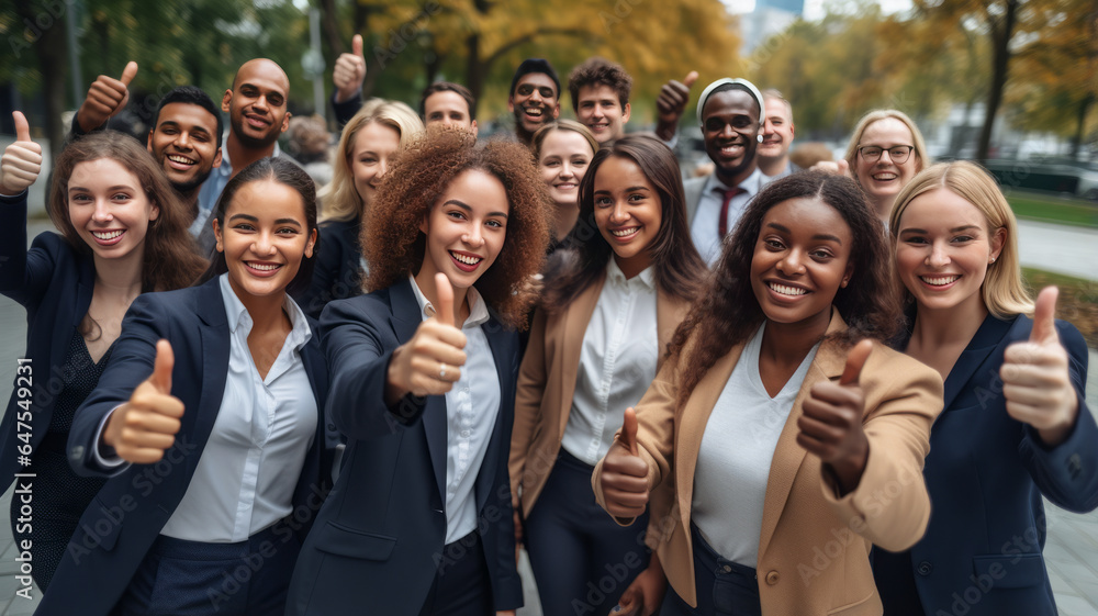 overjoyed young diverse employees workers show thumb up recommend good quality company service. overjoyed young diverse employees workers show thumb up recommend good quality company service.