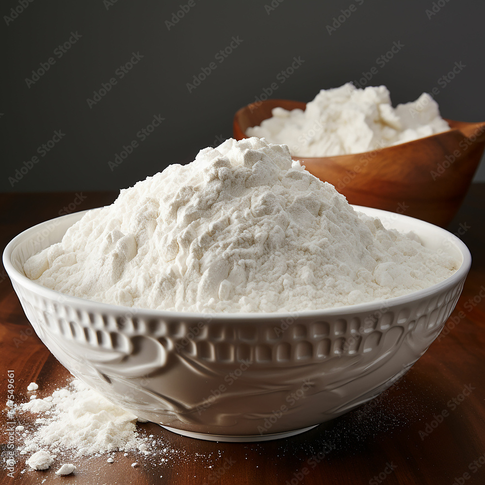flour on the wooden table on white background. Made with generative ai flour on the wooden table on white background. Made with generative ai
