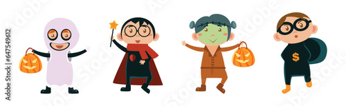 Kids in Halloween Costumes at Festive Party Vector Set