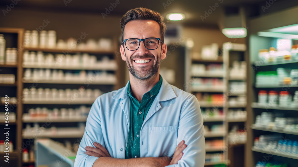 photograph of Smiling portrait of a handsome pharmacist in a pharmacy store.