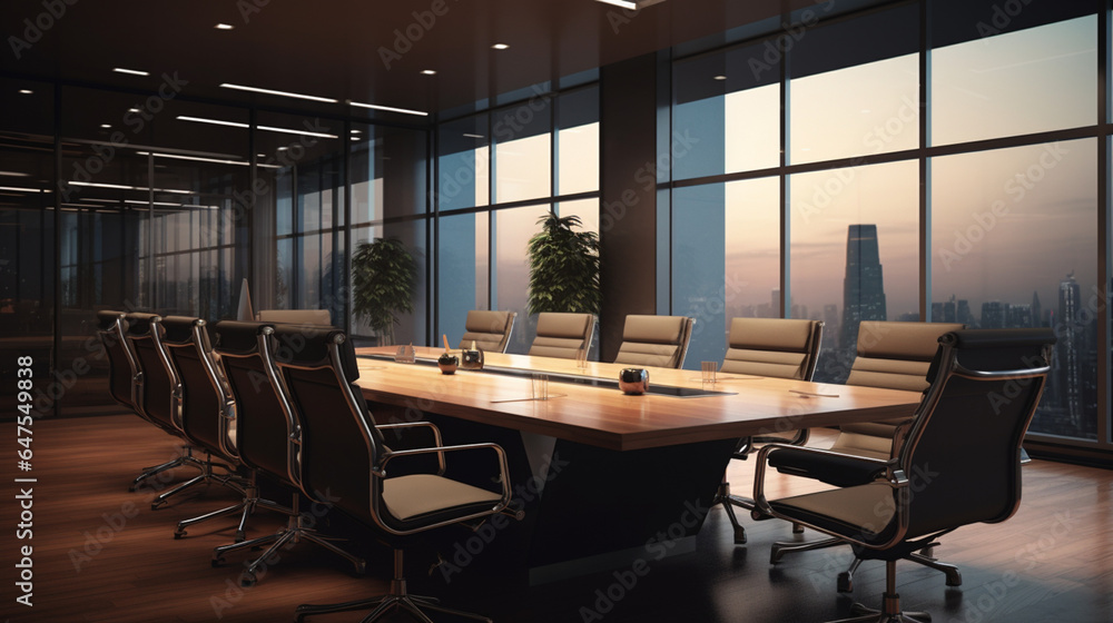 Empty Meeting room decorate by document and paper with good view in paper art and craft design concept. Created using generative AI. Empty Meeting room decorate by document and paper with good view in paper art and craft design concept. Created using generative AI.