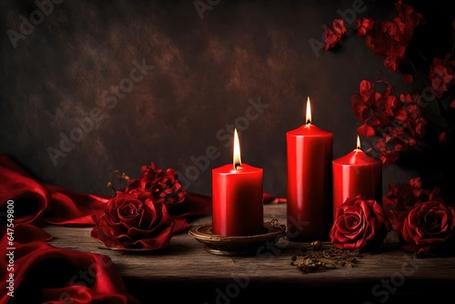 A red candle burning in a gothic-style home decoration creates a captivating and atmospheric scene