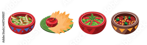 Bright Mexican Food and Dish Served on Plate Vector Set
