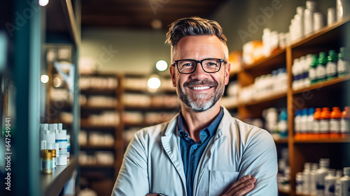 photograph of Smiling portrait of a handsome pharmacist in a pharmacy store.generative ai