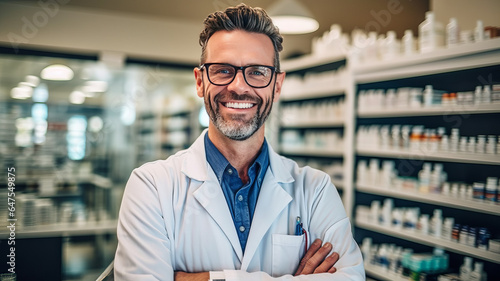photograph of Smiling portrait of a handsome pharmacist in a pharmacy store.generative ai photo