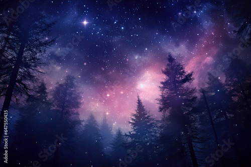 Magical clear night starry sky in a dark forest
