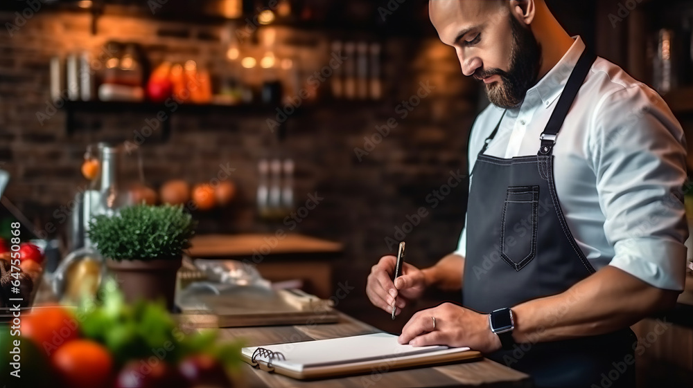 male waiter stands on the background of the restaurant writes down the order in a notebook male waiter stands on the background of the restaurant writes down the order in a notebook