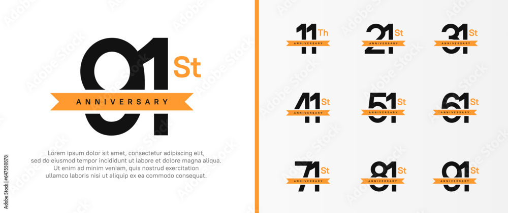 set of anniversary logo black color number and orange ribbon on white background for celebration set of anniversary logo black color number and orange ribbon on white background for celebration