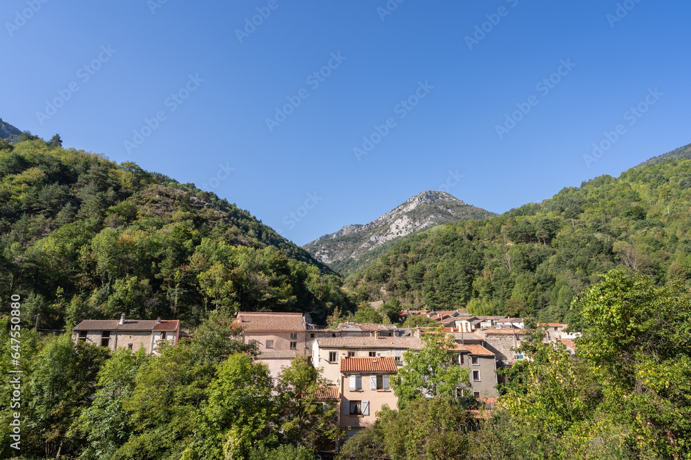 Scenic summer view of the ancient mountain village of Salvezines in the Boulzane valley, French Pyrenees, Aude, France