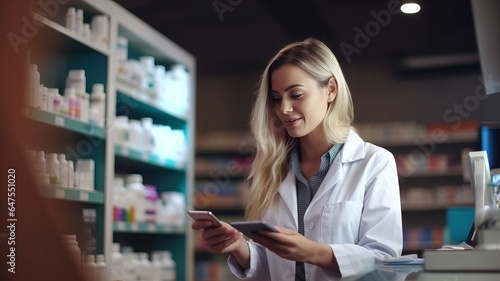 photograph of A beautiful pharmacist uses digital tablet computer.generative ai