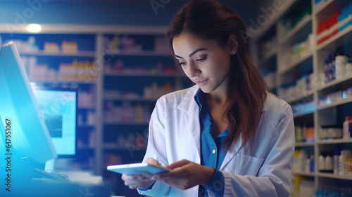 photograph of A beautiful pharmacist uses digital tablet computer.generative ai