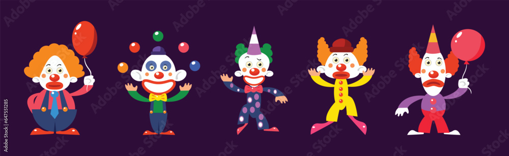 Bright Clown Character in Circus Costume Vector Set Bright Clown Character in Circus Costume Vector Set
