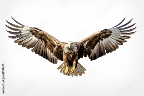 Adult White-tailed Eagle in flight on a white background.
